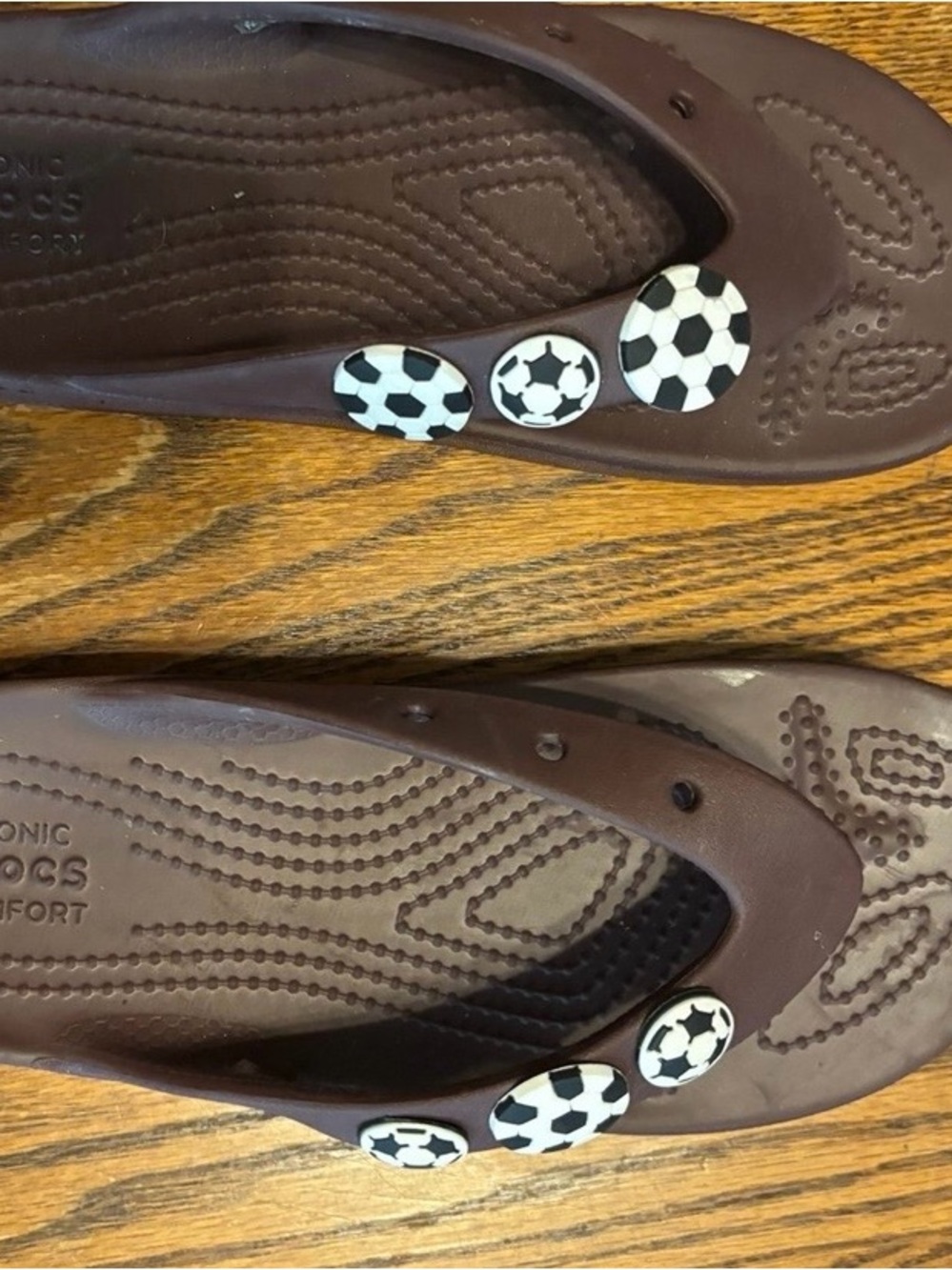 CROCS Women's Brown Soccer Charm Flip Sandals